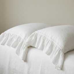 Linen Pillow Case With Ruffles On One Side. Ruffled Sham White Oatmeal Beige. Standard Queen King Euro Slip Cover