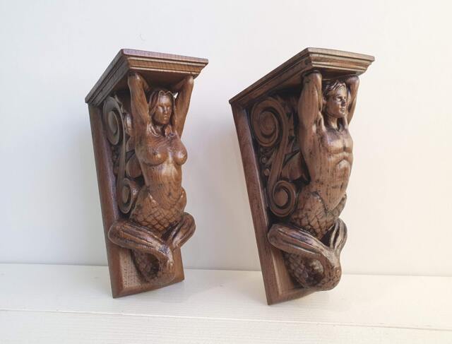 Pair Of Carved Corbel Merman & Mermaid Wood, Painted Or Unpainted, Decorative Wooden Corbel, Home Wall Embellishments, Wall Art Decor - image 1