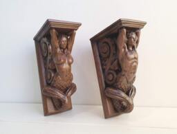 Pair Of Carved Corbel Merman & Mermaid Wood, Painted Or Unpainted, Decorative Wooden Corbel, Home Wall Embellishments, Wall Art Decor - thumbnail 1