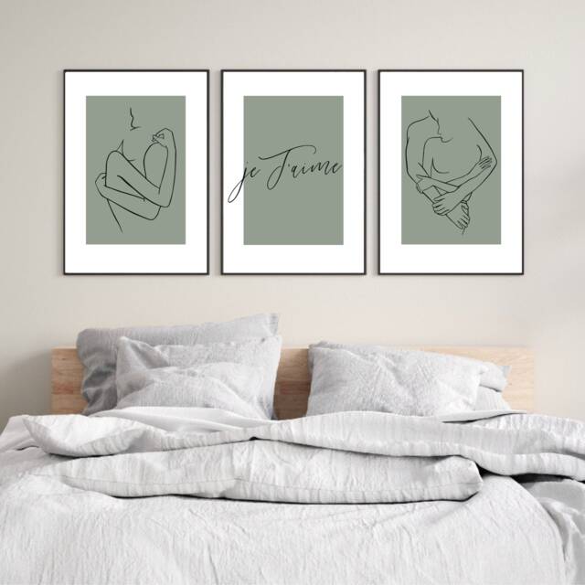 Set Of 3 Bedroom Prints, Je T'aime Print, Wall Home Decor, Minimalist, Quotes, Sage Decor Prints - image 1
