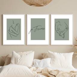 Set Of 3 Bedroom Prints, Je T'aime Print, Wall Home Decor, Minimalist, Quotes, Sage Decor Prints - thumbnail 2