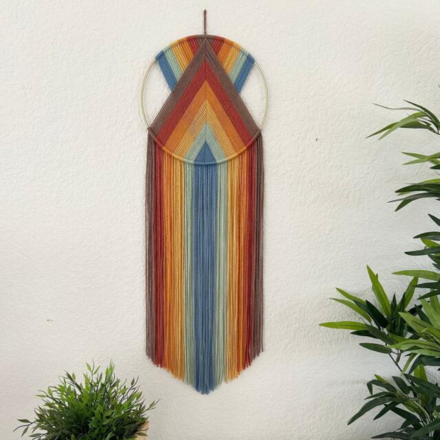Rainbow Yarn Wall Hanging, Handmade Hangings, Nursery, Retro Art, Pride Decor, 1970's Mid Century Modern - image 1