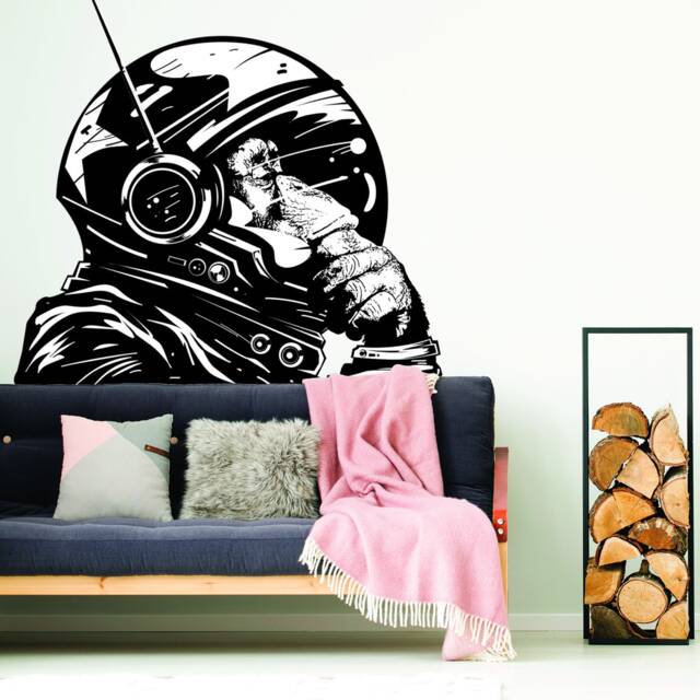 Thinking Astronaut Monkey Print Art Wall Sticker - The Thinker Chimp Space Astronauts Mural Decal Astro Chimpanzee Spacemonkey With Helmet - image 1