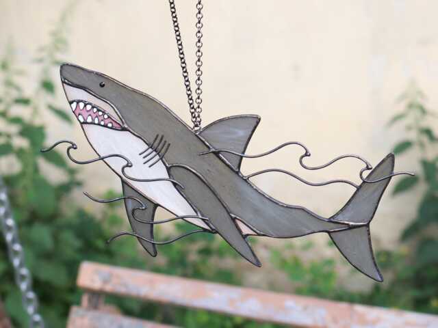 Shark Suncatcher Stained Glass Decor Gray Water Sea Ocean Home House Window Wall Hangings Cling Gift - image 1