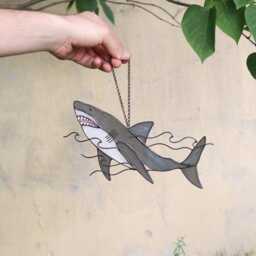 Shark Suncatcher Stained Glass Decor Gray Water Sea Ocean Home House Window Wall Hangings Cling Gift - thumbnail 2