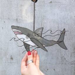 Shark Suncatcher Stained Glass Decor Gray Water Sea Ocean Home House Window Wall Hangings Cling Gift - thumbnail 3