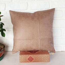Stone Beige Vegan Leather Pillow Cover Pieced Design, Decorative Stitch