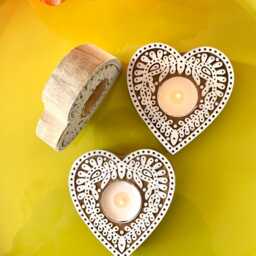 Set Of 3 Handmade Wooden Heart Shape Tealight Candle Holders For Rustic Home Decor Block Print Boho Candle Holder Wedding Favors in Bulk - thumbnail 3