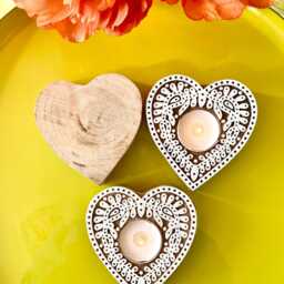 Set Of 3 Handmade Wooden Heart Shape Tealight Candle Holders For Rustic Home Decor Block Print Boho Candle Holder Wedding Favors in Bulk - thumbnail 2