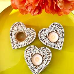 Set Of 3 Handmade Wooden Heart Shape Tealight Candle Holders For Rustic Home Decor Block Print Boho Candle Holder Wedding Favors in Bulk - thumbnail 4
