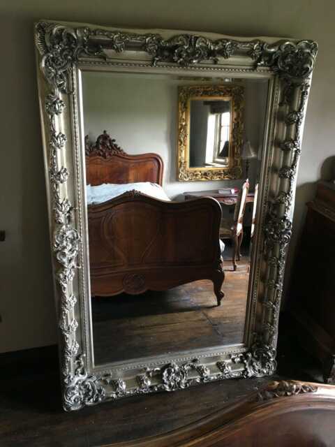 Chunky Wood Large Heavy Antique Silver Leaf Statement French Ornate Over Mantle Beveled Wall Mirror 4 Ft X 3Ft - image 1