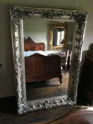 Chunky Wood Large Heavy Antique Silver Leaf Statement French Ornate Over Mantle Beveled Wall Mirror 4 Ft X 3Ft