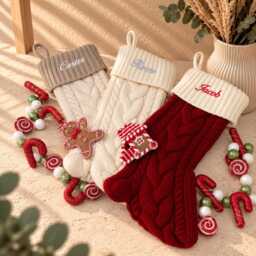 Personalised Christmas Stocking Kids Family Stockings Embroidered Name Knitted Holiday Mantel Hanging Fireplace Decor Baby First - thumbnail 2