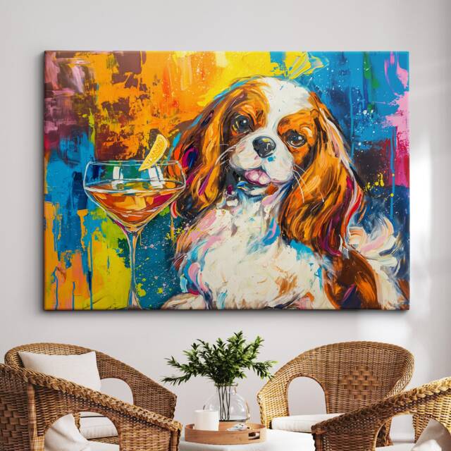 King Charles Toasting Drink Dog Pet Art Abstract Oil Painting Framed Poster Print & Canvas Wall Living Home Decor Interior Gift - image 1