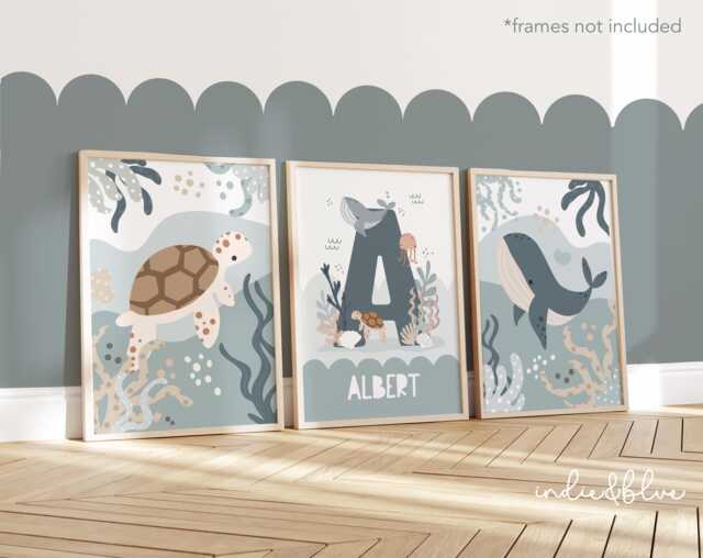 Personalised Name Sea Animals Print Set Of 3, Whale & Turtle, Under The Ocean Boy Bedroom, Nursery - image 1