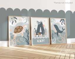 Personalised Name Sea Animals Print Set Of 3, Whale & Turtle, Under The Ocean Boy Bedroom, Nursery - thumbnail 1