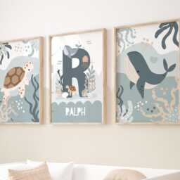 Personalised Name Sea Animals Print Set Of 3, Whale & Turtle, Under The Ocean Boy Bedroom, Nursery - thumbnail 3