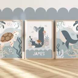 Personalised Name Sea Animals Print Set Of 3, Whale & Turtle, Under The Ocean Boy Bedroom, Nursery - thumbnail 2