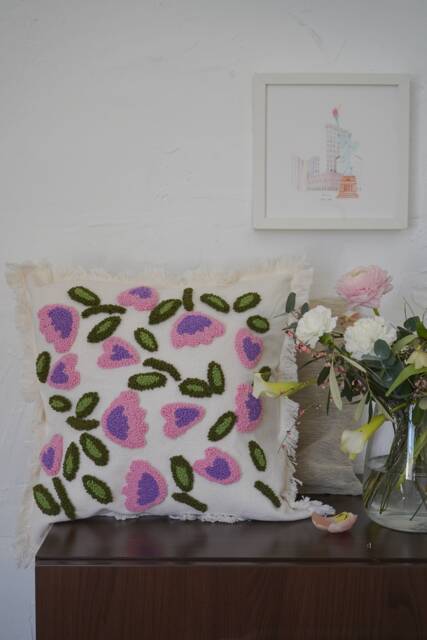 Punch Needle Pink Heart Flowers Cushion Cover, Nursery Decor, Unique Throw Pillow, Cute Flower Embroidery Pillow Case - image 1