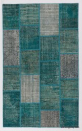 Turquoise Blue Patchwork Rug Hand-Knotted Turkish Wool