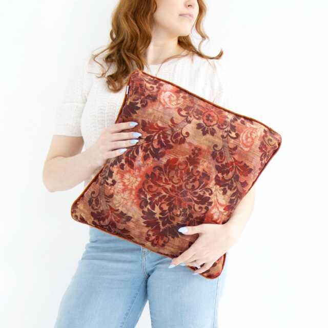 Russet Red Floral Velvet Cushion Cover With Piping Edge - image 1