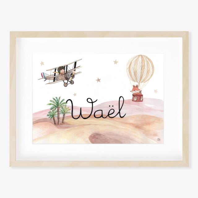 Personalized Painting, Child Illustration, Baby Name, Decoration, Birth Gift, Hot Air Balloon, Plane, Little Prince Of The Desert - image 1
