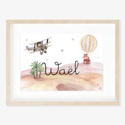 Personalized Painting, Child Illustration, Baby Name, Decoration, Birth Gift, Hot Air Balloon, Plane, Little Prince Of The Desert - thumbnail 1