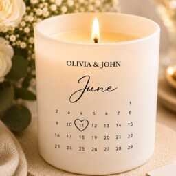 Calendar Wedding Candle - Personalised Engraved Soy Wax Favour - Custom Names & Date