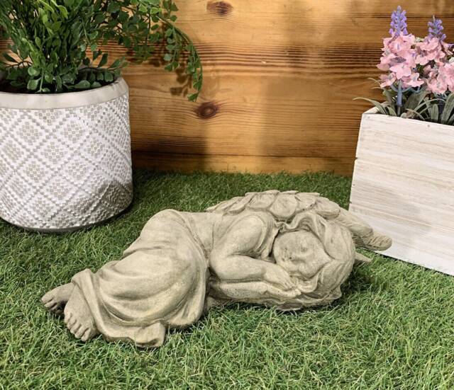 stone Garden Sleeping Angel With Wings Resting Memorial Gift Ornament - image 1