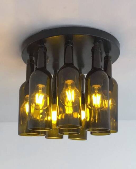 Wine Bottle Industrial Light Fixture - Chandelier Made From Olive Green Wine Bottles - image 1
