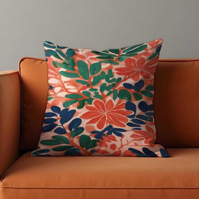 Tropical Floral Cushion Cover, Bold Coral & Green Botanical Pillowcase, Vibrant Jungle Inspired Living Room Bedroom Accent - image 1