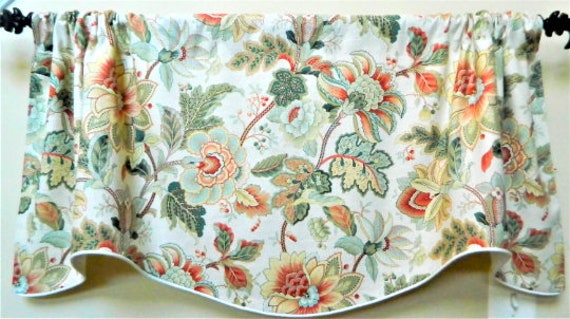 Richloom Orange/Green Jacobean Floral-Window Valance Lined & Corded Rod Pocket Scalloped Linen Blend Fabric Made To Order - image 1