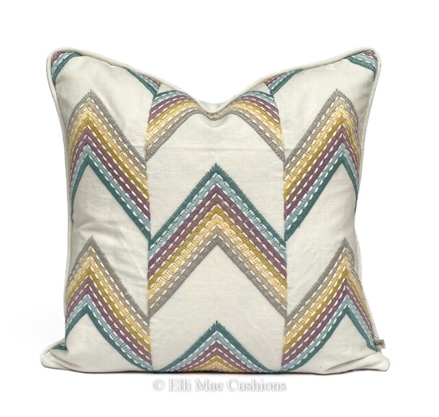 Luxury Designer Chevron Zig Zag Embroidered Green Yellow Cushion Pillow Cover - image 1