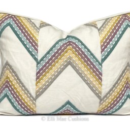 Luxury Designer Chevron Zig Zag Embroidered Green Yellow Cushion Pillow Cover - thumbnail 4