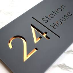 K Smart Sign - Bellissima H2 Laser Cut Matt Dark Gray Ral7016 & Copper Mirror Floating House Door Numbers Plaque 300mm X 160mm - thumbnail 3