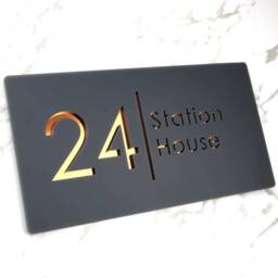 K Smart Sign - Bellissima H2 Laser Cut Matt Dark Gray Ral7016 & Copper Mirror Floating House Door Numbers Plaque 300mm X 160mm - thumbnail 2