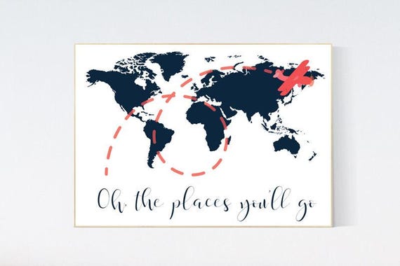 Coral Navy World Map Nursery Art Print - image 1