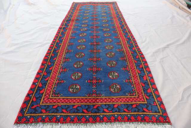 9 Ft Runner Rug, Blue Red Natural Veg Dyes Afghan Handmade Wool Tribal Carpet, Turkmen Bukhara Hallway Runner, Kitchen - image 1