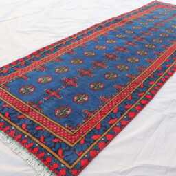 9 Ft Runner Rug, Blue Red Natural Veg Dyes Afghan Handmade Wool Tribal Carpet, Turkmen Bukhara Hallway Runner, Kitchen - thumbnail 3