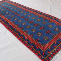 9 Ft Runner Rug, Blue Red Natural Veg Dyes Afghan Handmade Wool Tribal Carpet, Turkmen Bukhara Hallway Runner, Kitchen - thumbnail 2