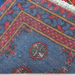 9 Ft Runner Rug, Blue Red Natural Veg Dyes Afghan Handmade Wool Tribal Carpet, Turkmen Bukhara Hallway Runner, Kitchen - thumbnail 4