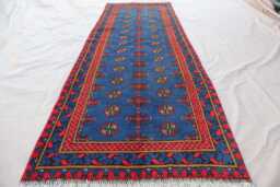 9 Ft Runner Rug, Blue Red Natural Veg Dyes Afghan Handmade Wool Tribal Carpet, Turkmen Bukhara Hallway Runner, Kitchen - thumbnail 1