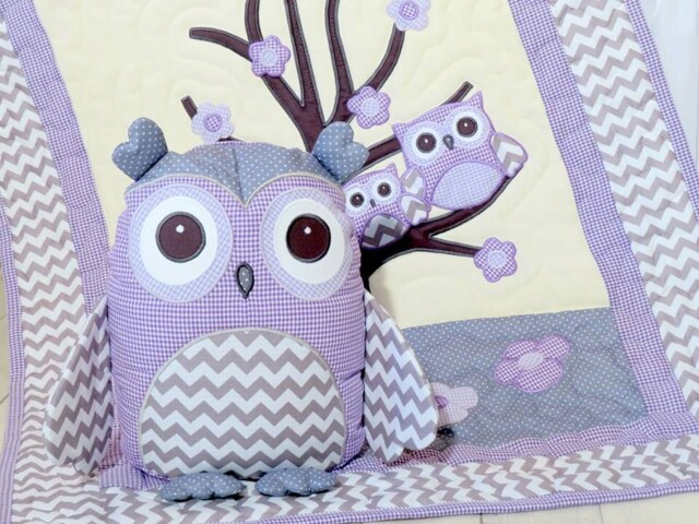 Organic Owl Quilt, Baby Crib Bedding, Kids Blanket, Pillow, Purple, Grey Chevron - image 1