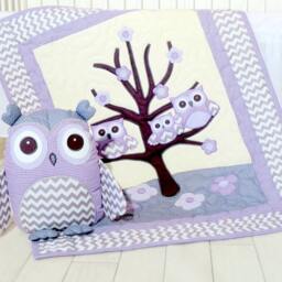 Organic Owl Quilt, Baby Crib Bedding, Kids Blanket, Pillow, Purple, Grey Chevron - thumbnail 2