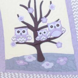 Organic Owl Quilt, Baby Crib Bedding, Kids Blanket, Pillow, Purple, Grey Chevron - thumbnail 3