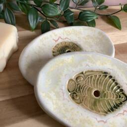 Handmade Stoneware Pottery Oval Shaped Fossil Soap Dish Trilobite Ammonite - thumbnail 4