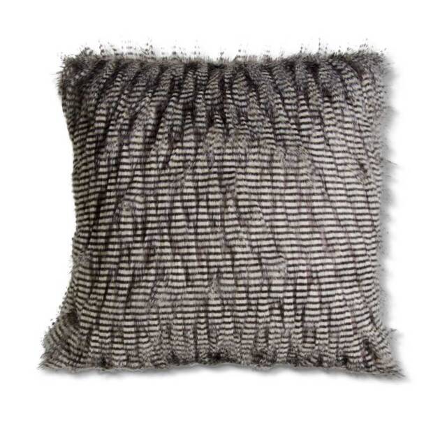 Grey Faux Fur Pillow Black Throw Feather Cushion Feathers Bohemian Decor - image 1