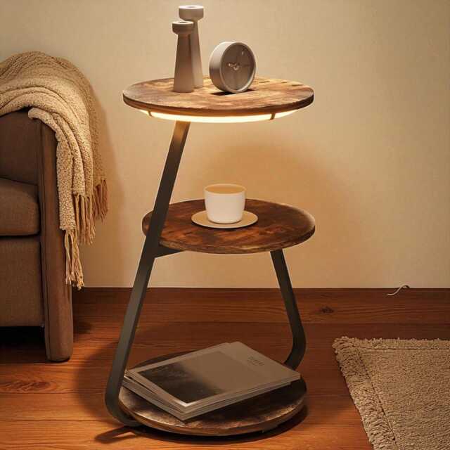 Round Side Table With 3-Color Led Lights & 3-Tier Storage - Rustic Brown - image 1