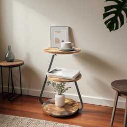 Round Side Table With 3-Color Led Lights & 3-Tier Storage - Rustic Brown - thumbnail 4