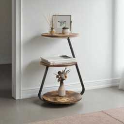 Round Side Table With 3-Color Led Lights & 3-Tier Storage - Rustic Brown - thumbnail 3